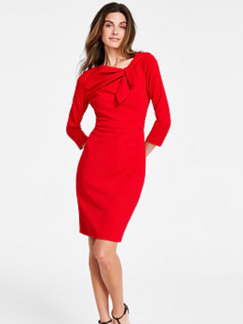 CALVIN KLEIN Bow-Neck 3/4 Sleeve Sheath Dress in Red Size 8